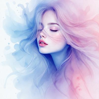 The primary subject of the image is a woman with blonde hair, who is lying down and appears to be sleeping. She has a pink and blue color scheme, which adds a sense of tranquility and calmness to the scene. The setting is a bedroom, with a bed visible in the background. The visual style of the image is a combination of digital art and illustration, creating a vibrant and artistic representation of the woman.